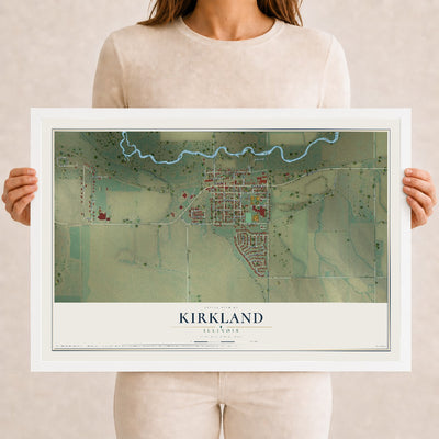 Map of Kirkland, Illinois, 12 x 18 inch print in a white wood frame