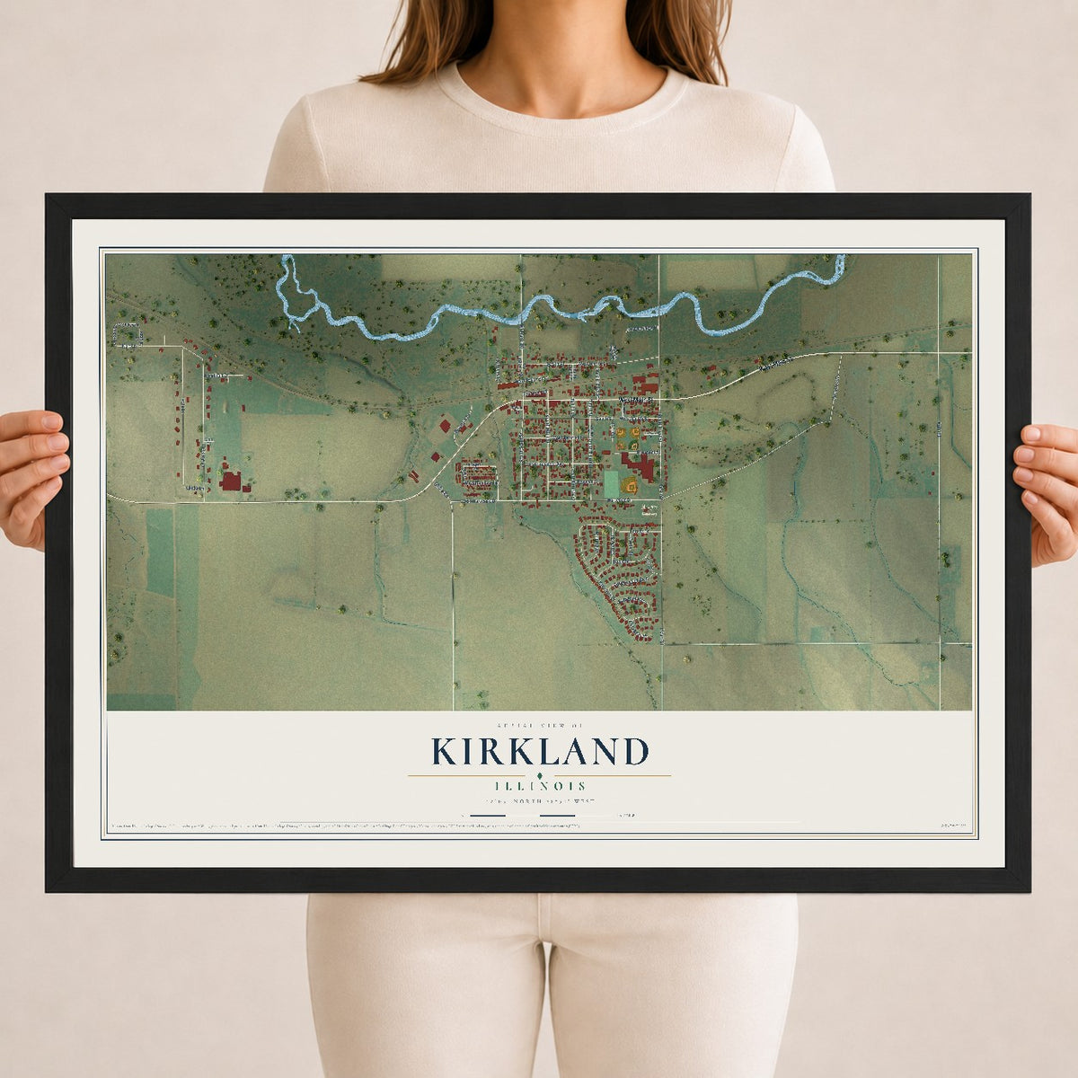 Map of Kirkland, Illinois, 18 x 24 inch print in a black wood frame