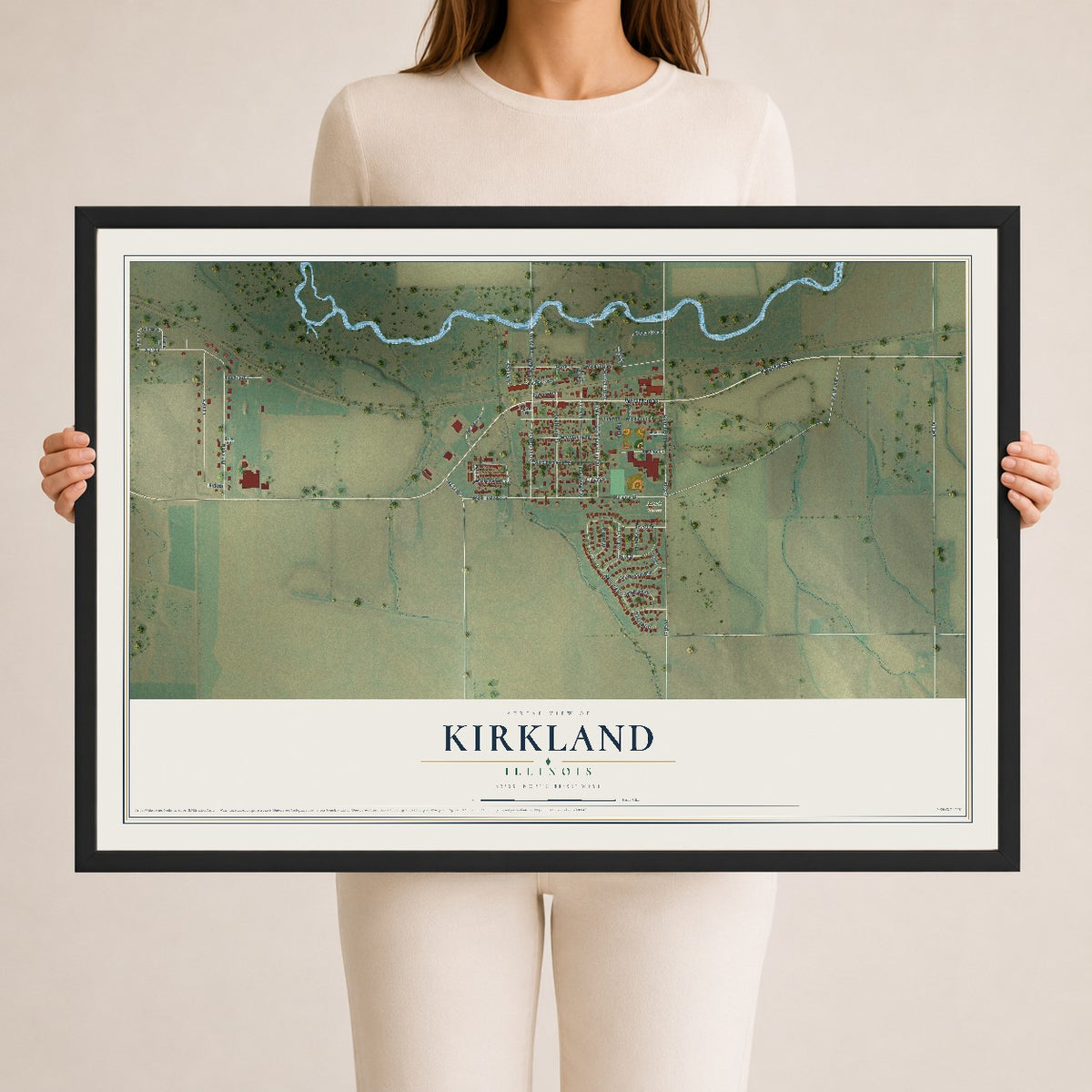 Map of Kirkland, Illinois, 24 x 36 inch print in a black wood frame