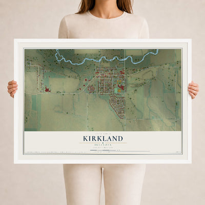 Map of Kirkland, Illinois, 24 x 36 inch print in a white wood frame