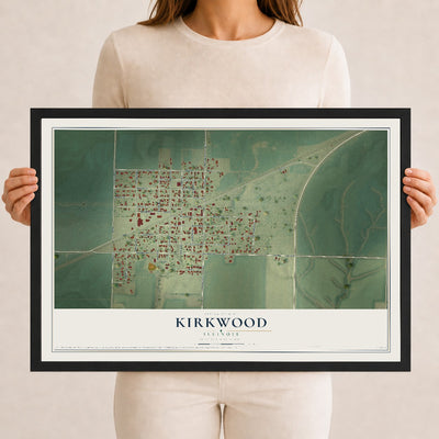 Map of Kirkwood, Illinois, 12 x 18 inch print in a black wood frame