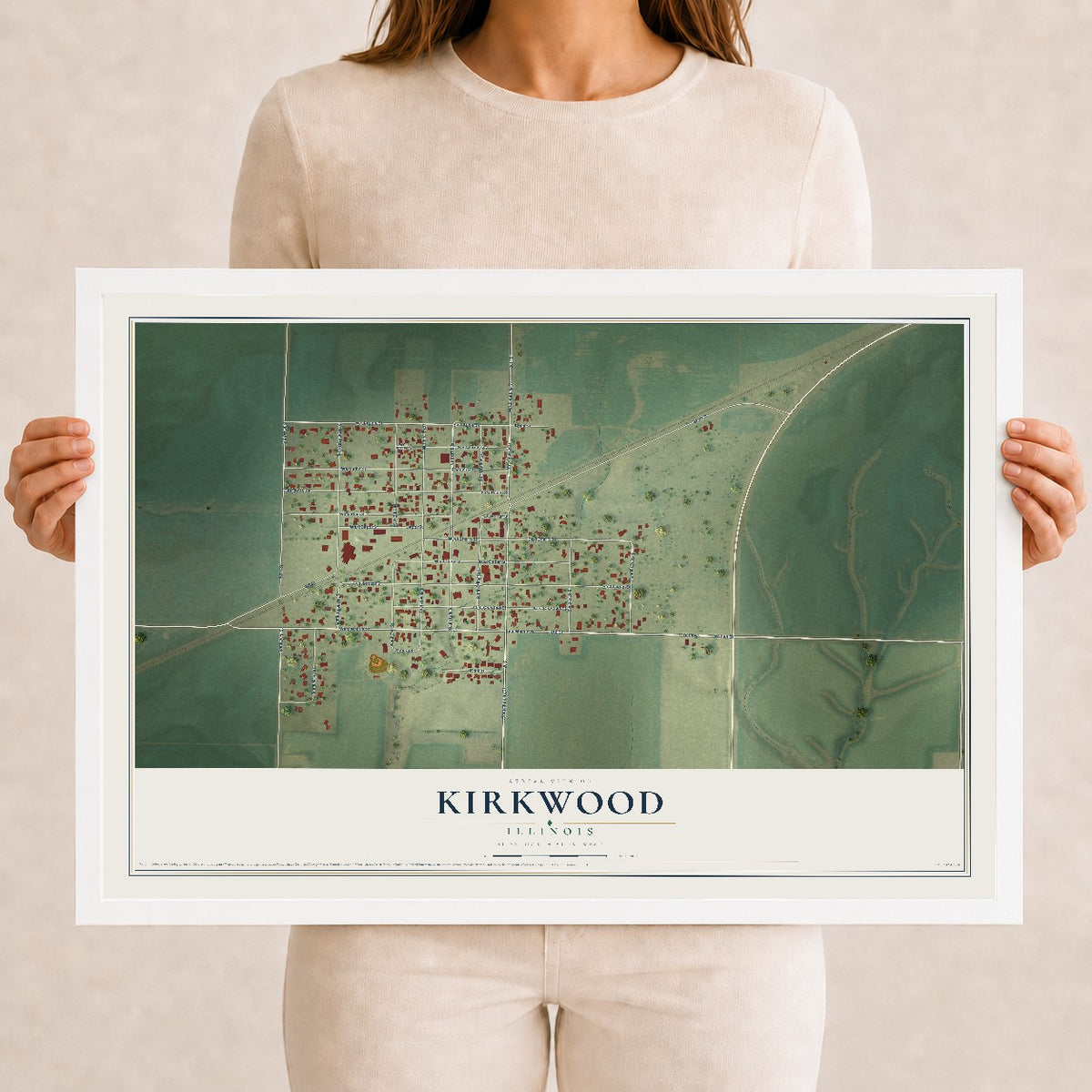 Map of Kirkwood, Illinois, 12 x 18 inch print in a white wood frame