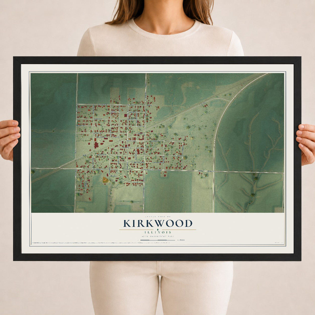 Map of Kirkwood, Illinois, 18 x 24 inch print in a black wood frame