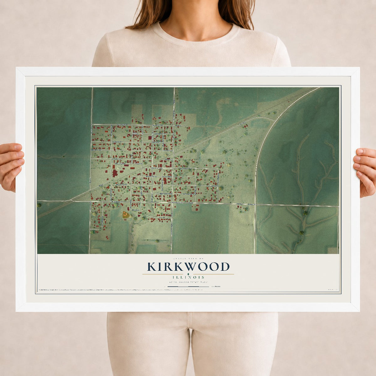 Map of Kirkwood, Illinois, 18 x 24 inch print in a white wood frame
