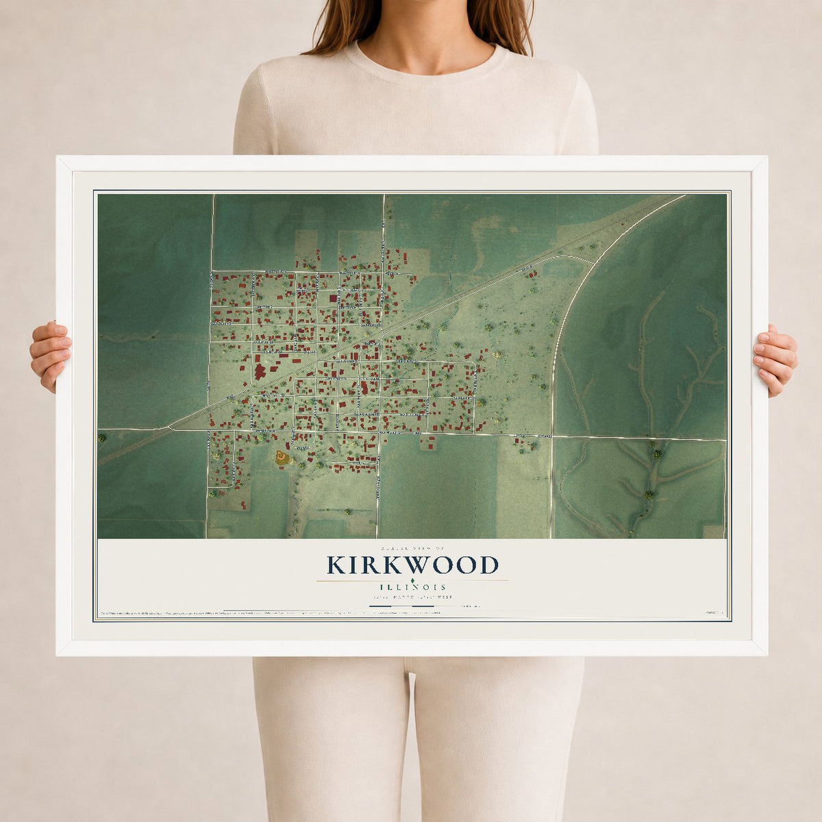 Map of Kirkwood, Illinois, 24 x 36 inch print in a white wood frame