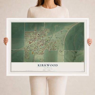 Map of Kirkwood, Illinois, 24 x 36 inch print in a white wood frame