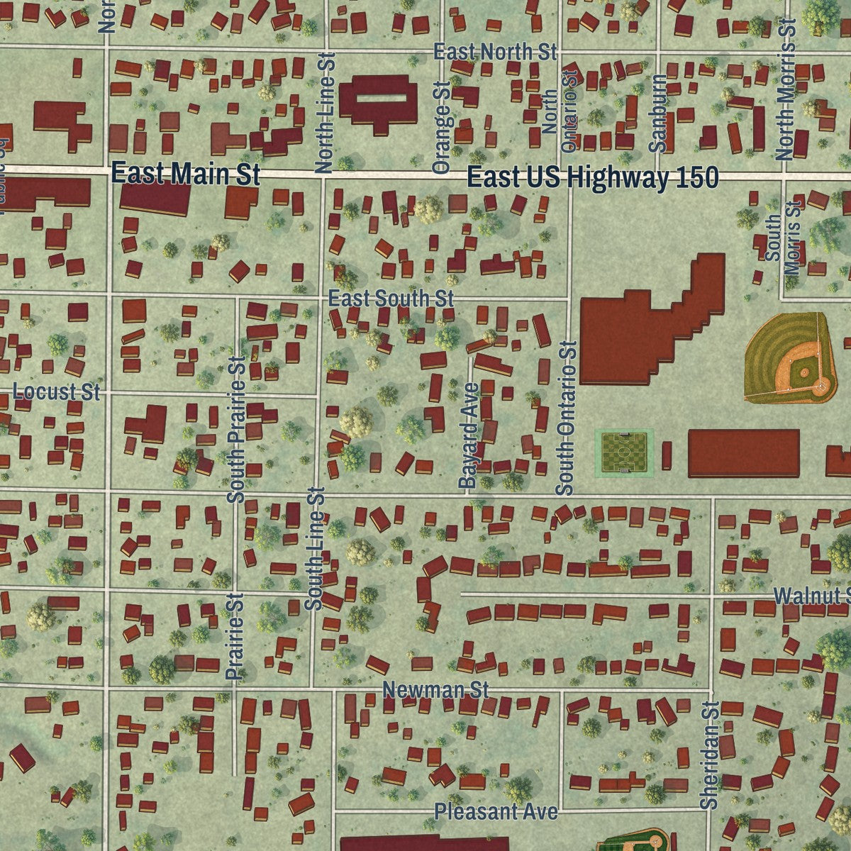 Close-up of the map of Knoxville, Illinois print showing street and building detail