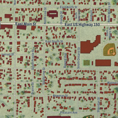 Close-up of the map of Knoxville, Illinois print showing street and building detail