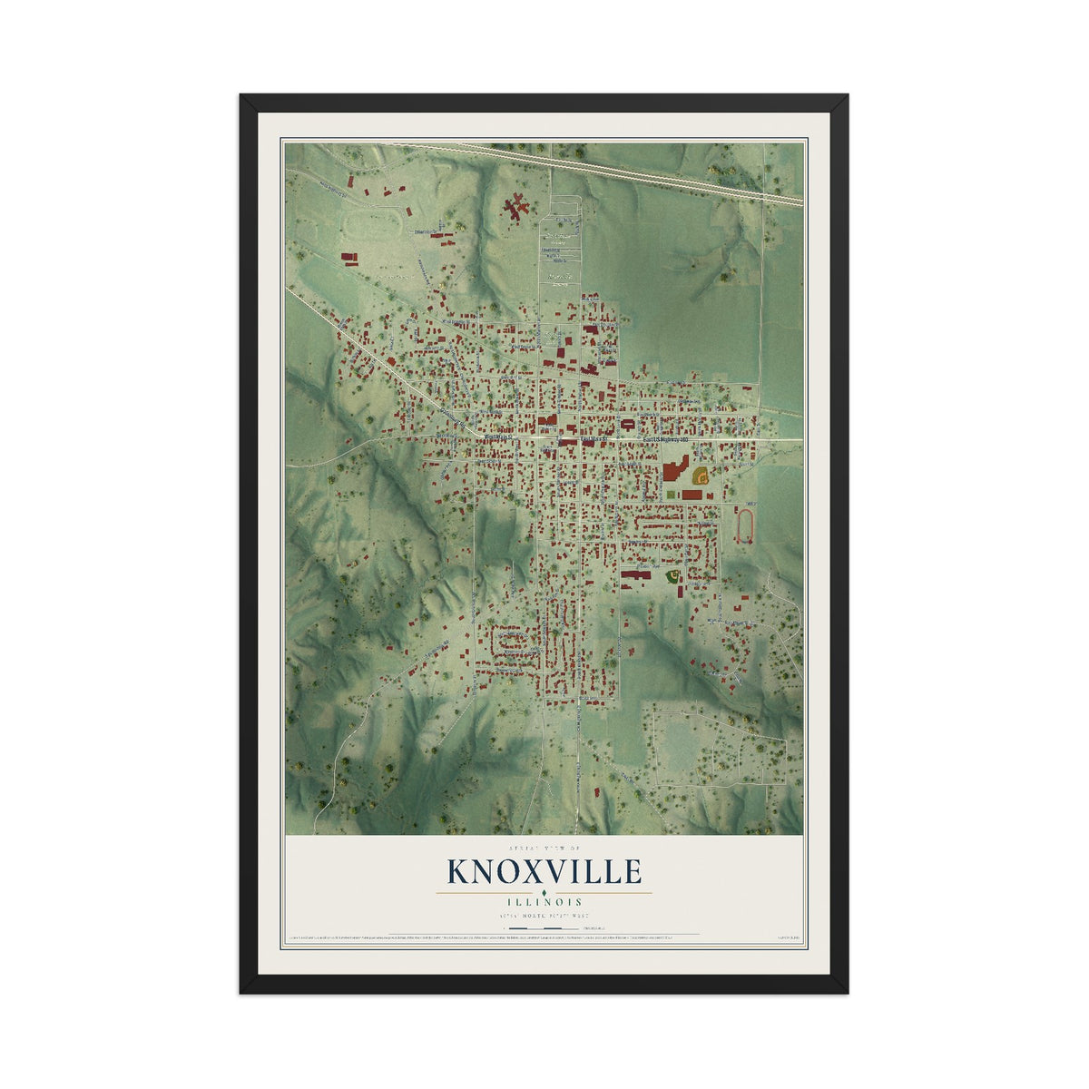 Map of Knoxville, Illinois, 12 x 18 inch print in a black wood frame