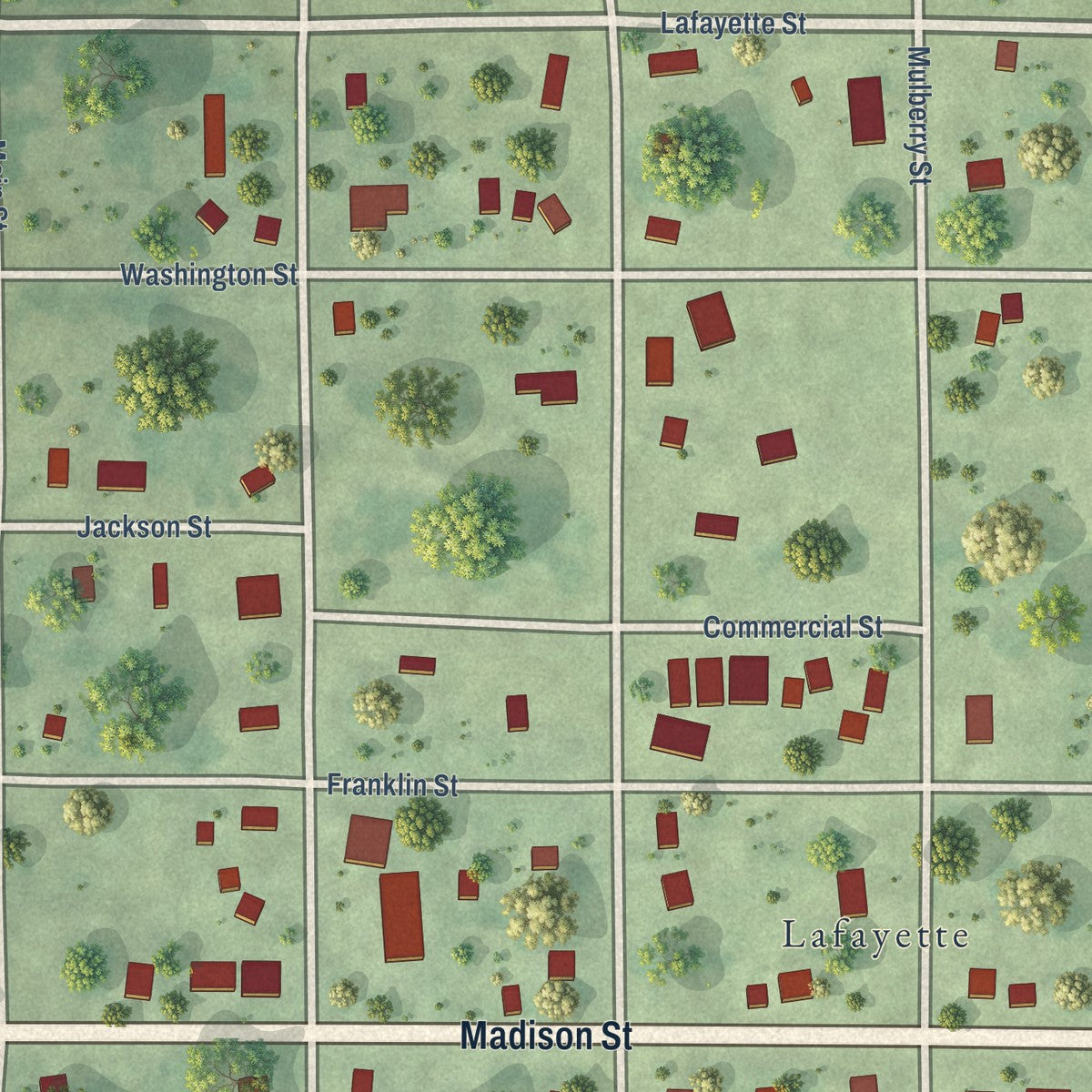Close-up of the map of La Fayette, Illinois print showing street and building detail