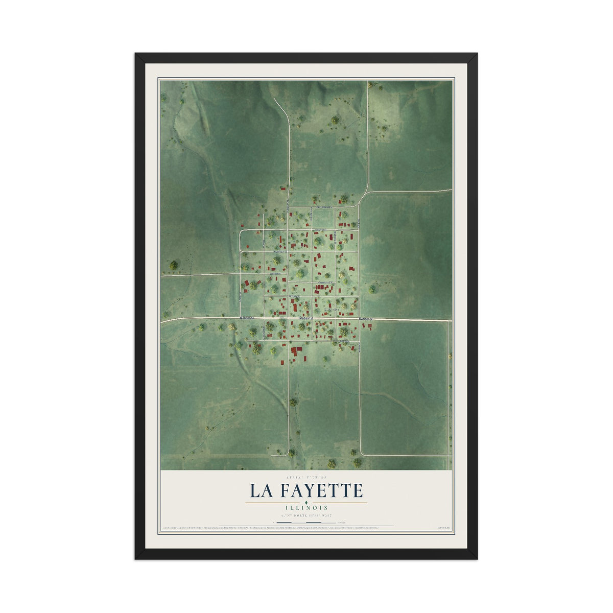 Map of La Fayette, Illinois, 12 x 18 inch print in a black wood frame