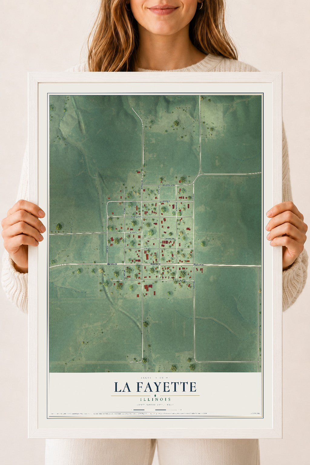 Map of La Fayette, Illinois, 18 x 24 inch print in a white wood frame
