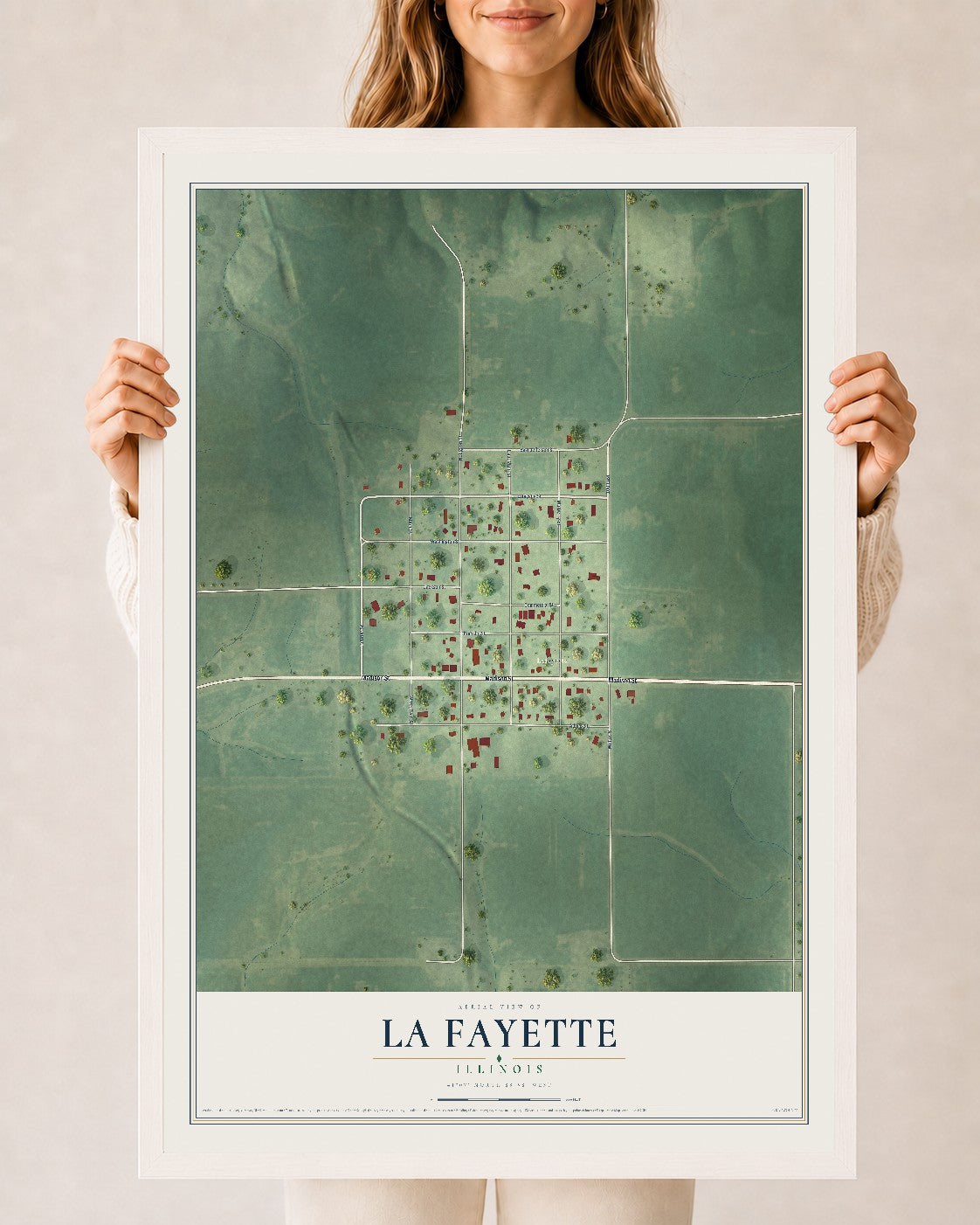 Map of La Fayette, Illinois, 24 x 36 inch print in a white wood frame