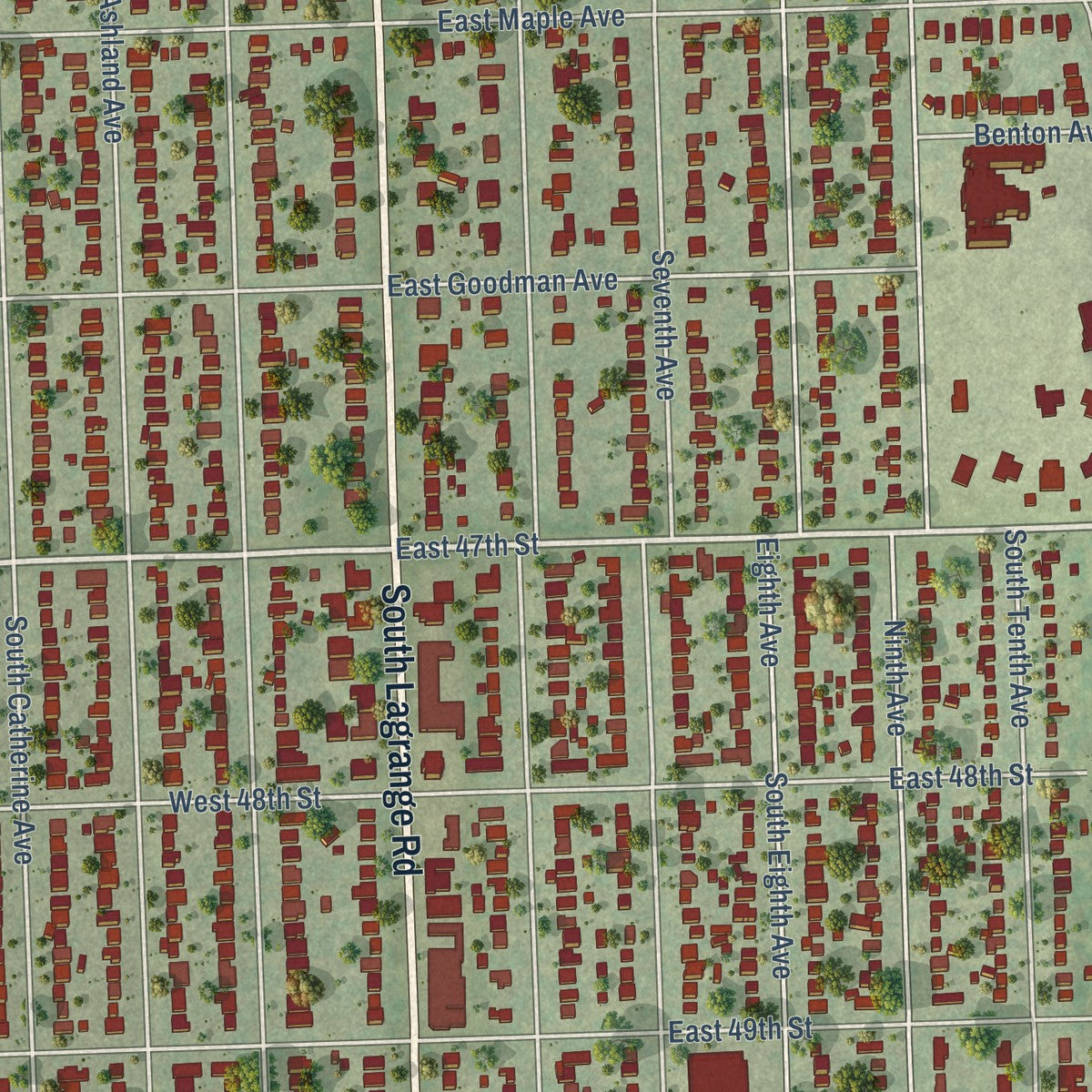 Close-up of the map of La Grange, Illinois print showing street and building detail