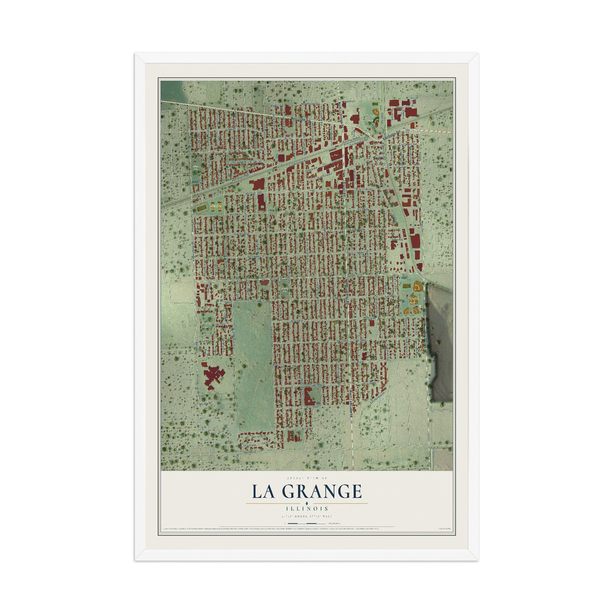 Map of La Grange, Illinois, 12 x 18 inch print in a white wood frame