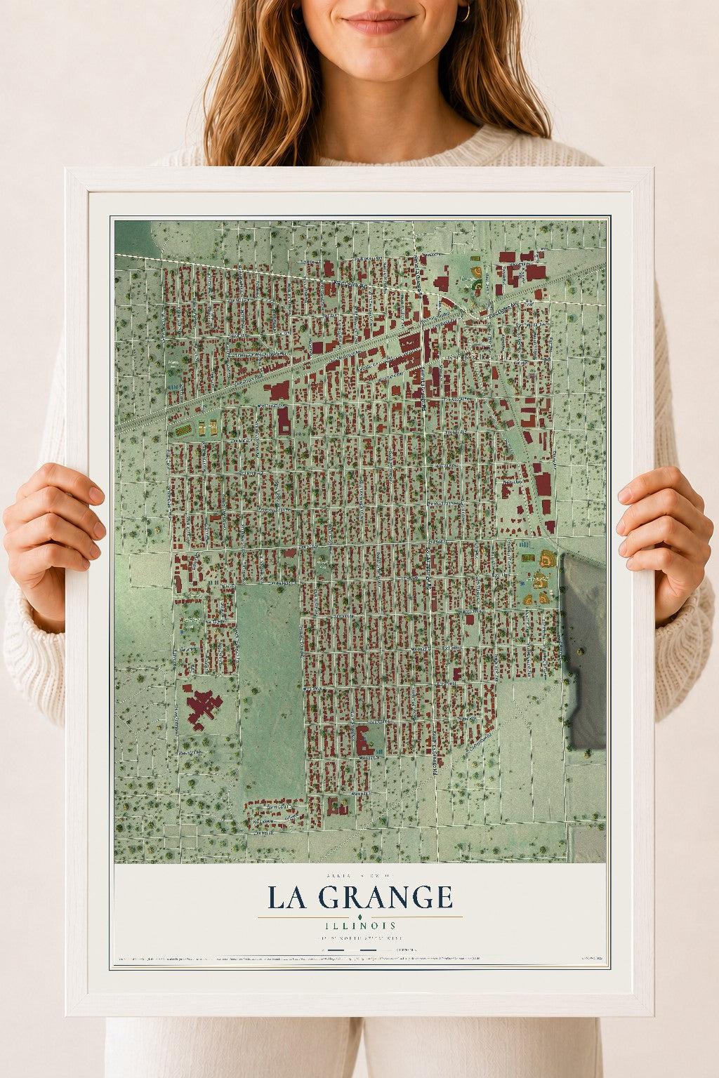 Map of La Grange, Illinois, 18 x 24 inch print in a white wood frame