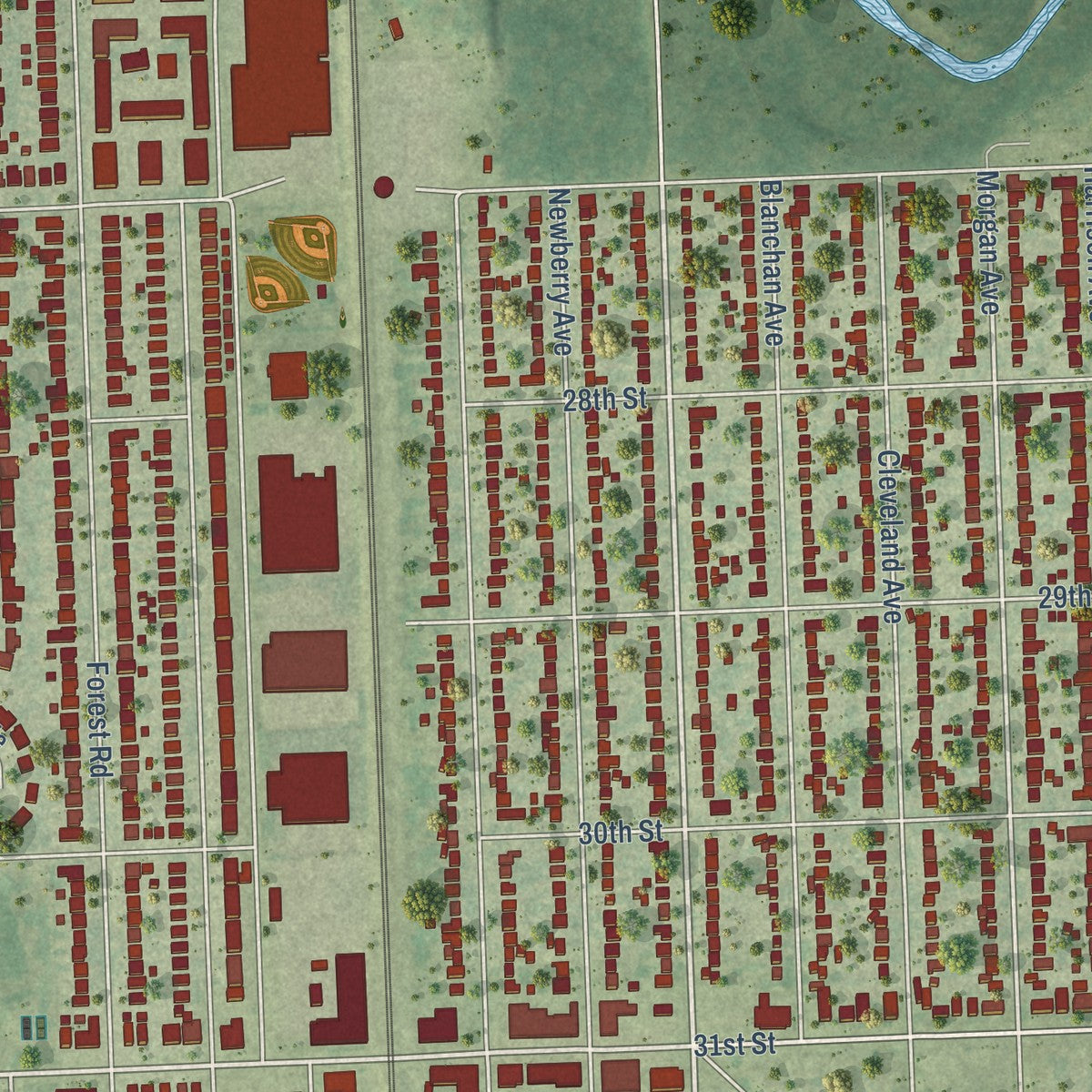 Second close-up of the map of La Grange Park, Illinois print showing more streets and buildings