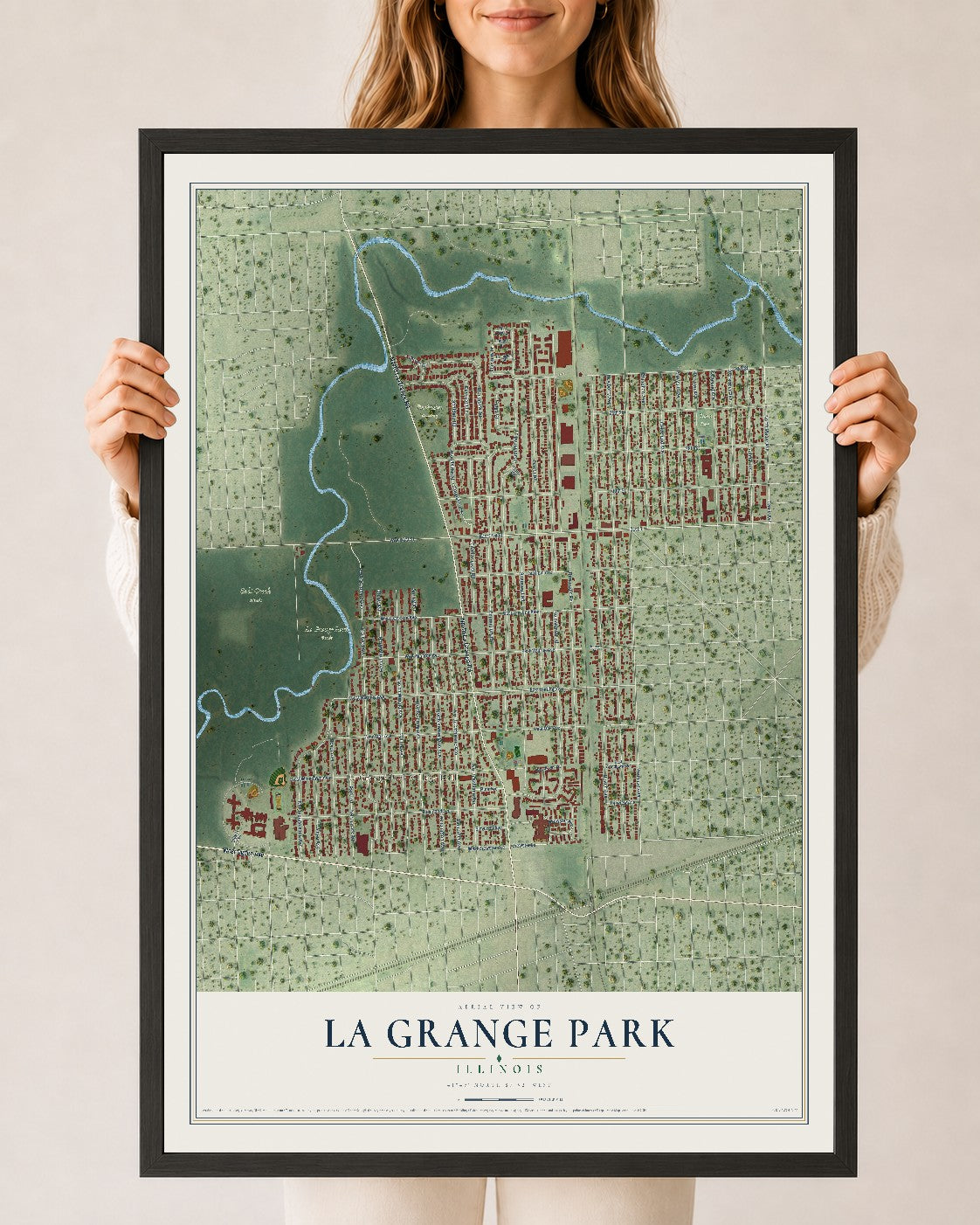Map of La Grange Park, Illinois, 24 x 36 inch print in a black wood frame