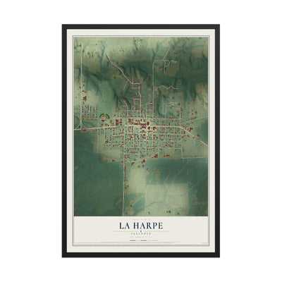 Map of La Harpe, Illinois, 12 x 18 inch print in a black wood frame