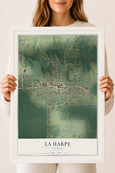Map of La Harpe, Illinois, 18 x 24 inch print in a white wood frame