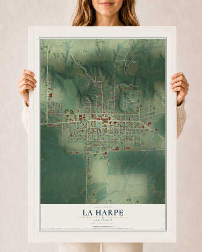 Map of La Harpe, Illinois, 24 x 36 inch print in a white wood frame