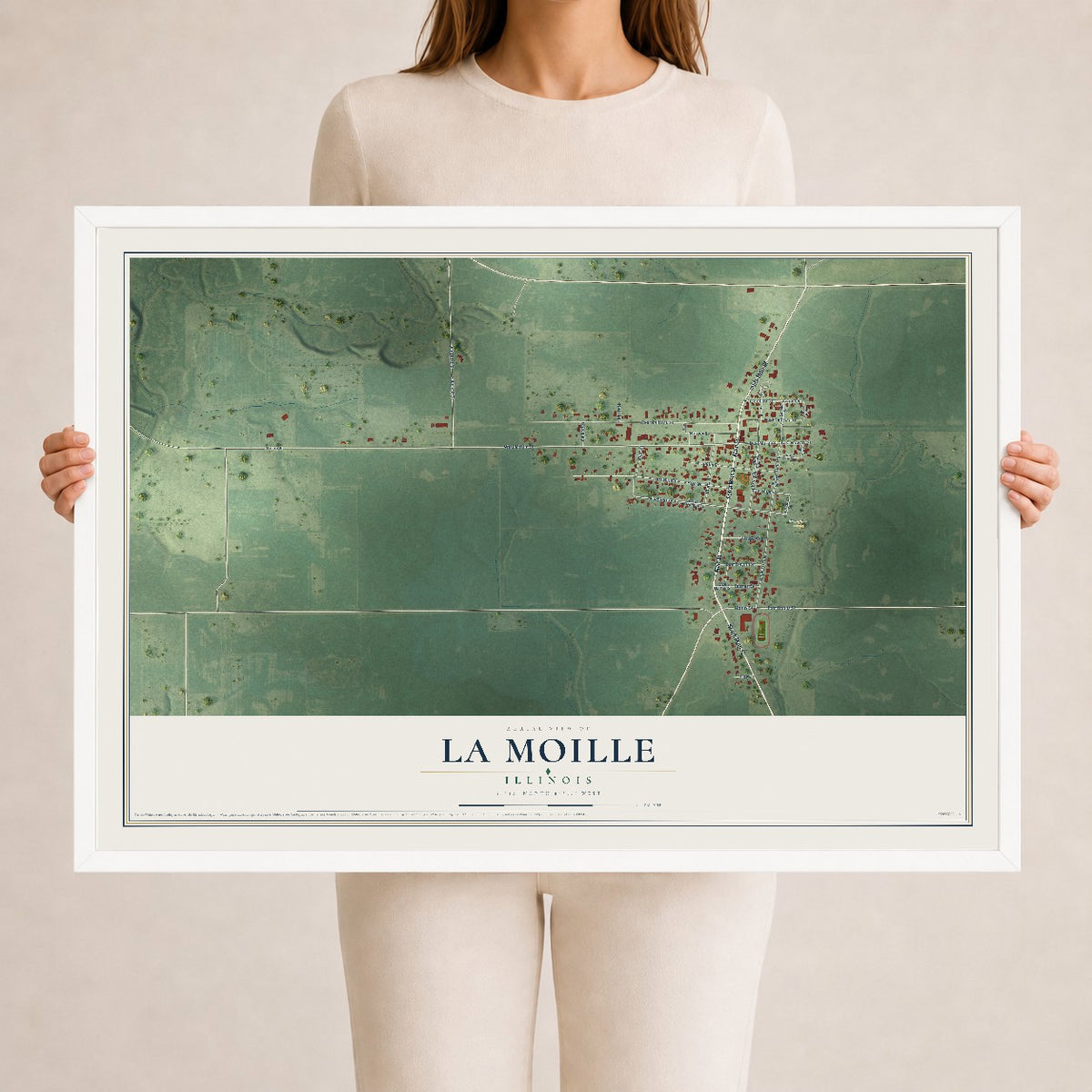 Map of La Moille, Illinois, 24 x 36 inch print in a white wood frame
