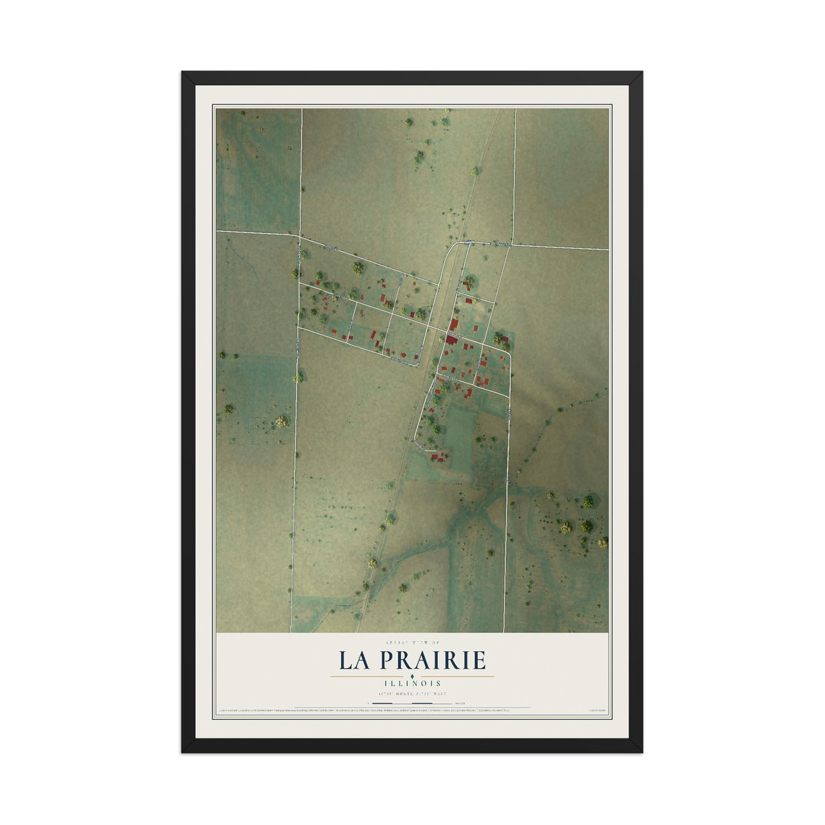 Map of La Prairie, Illinois, 12 x 18 inch print in a black wood frame