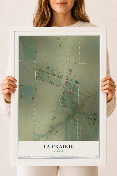 Map of La Prairie, Illinois, 18 x 24 inch print in a white wood frame
