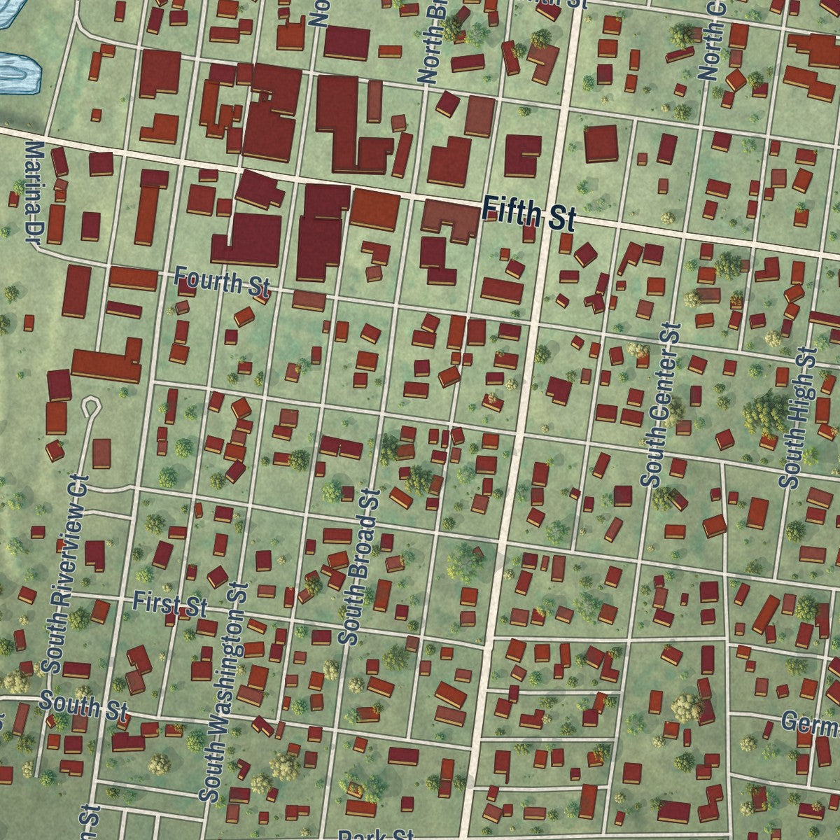 Close-up of the map of Lacon, Illinois print showing street and building detail
