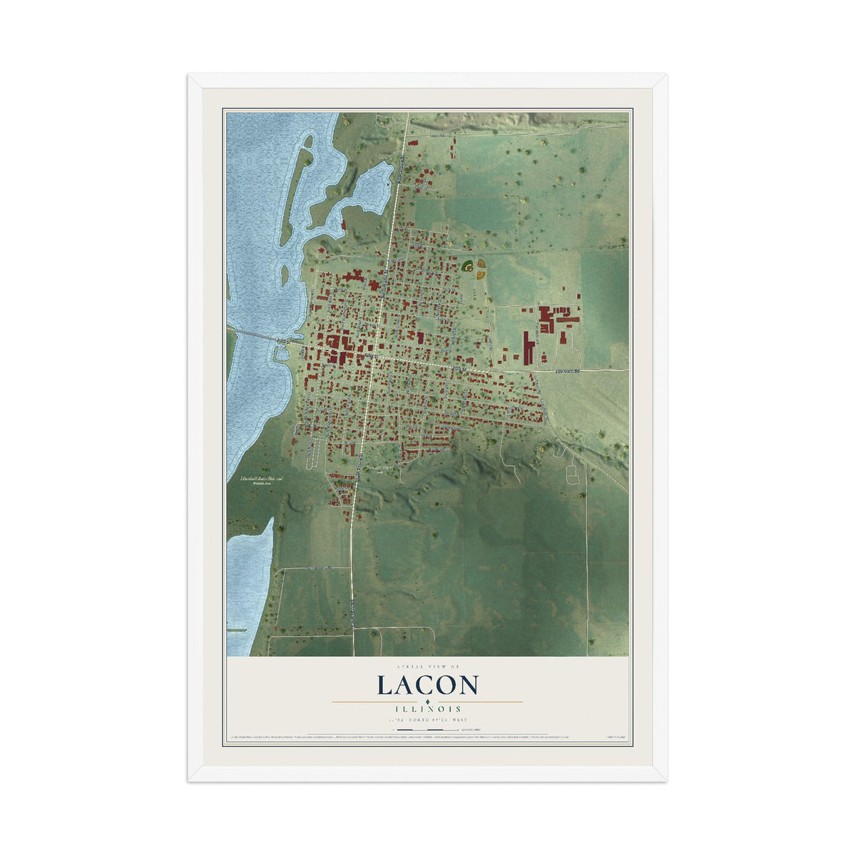 Map of Lacon, Illinois, 12 x 18 inch print in a white wood frame
