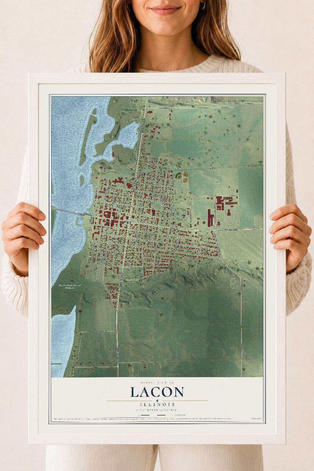 Map of Lacon, Illinois, 18 x 24 inch print in a white wood frame