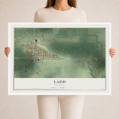 Map of Ladd, Illinois, 24 x 36 inch print in a white wood frame