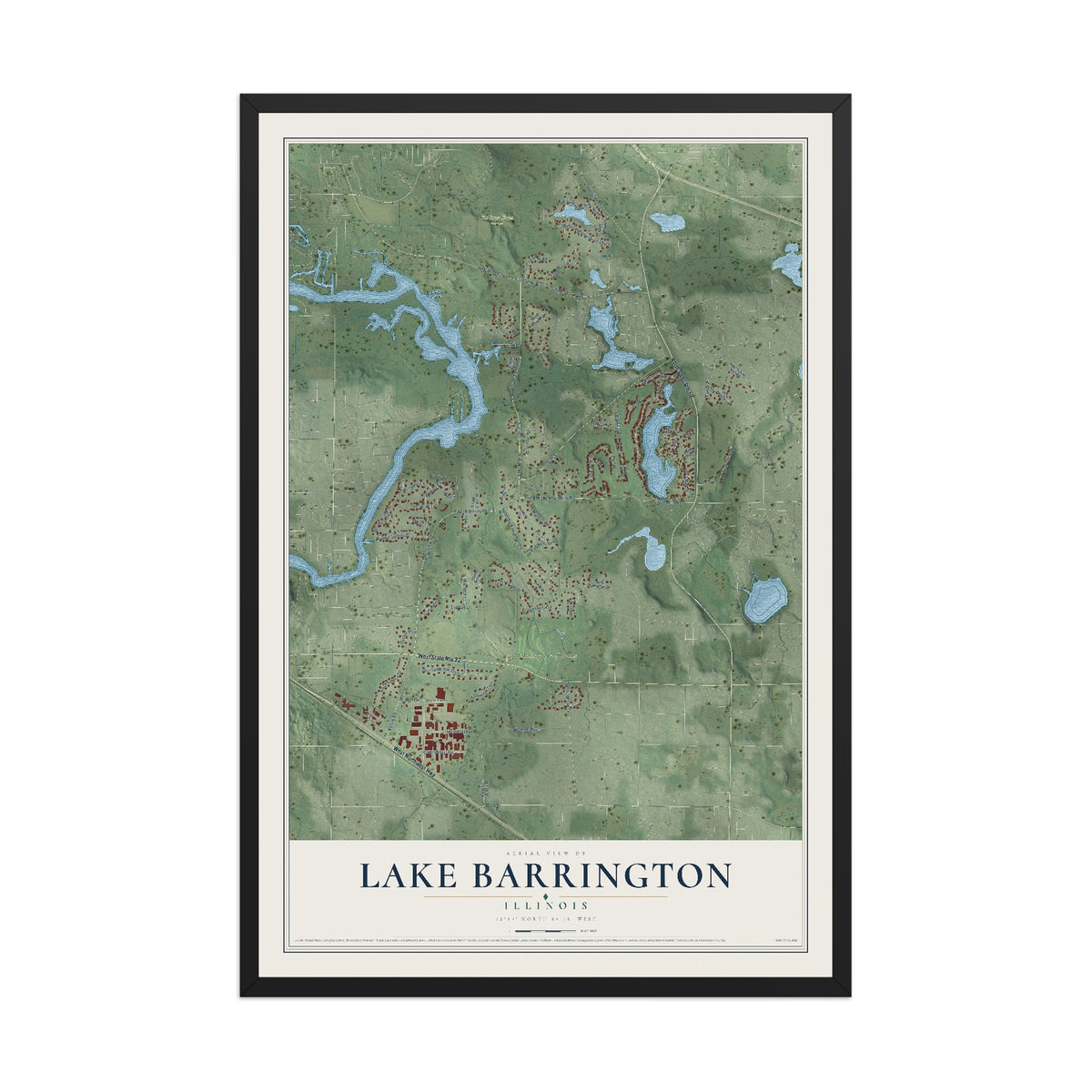 Map of Lake Barrington, Illinois, 12 x 18 inch print in a black wood frame