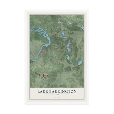 Map of Lake Barrington, Illinois, 12 x 18 inch print in a white wood frame