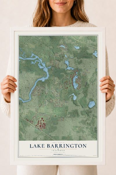 Map of Lake Barrington, Illinois, 18 x 24 inch print in a white wood frame