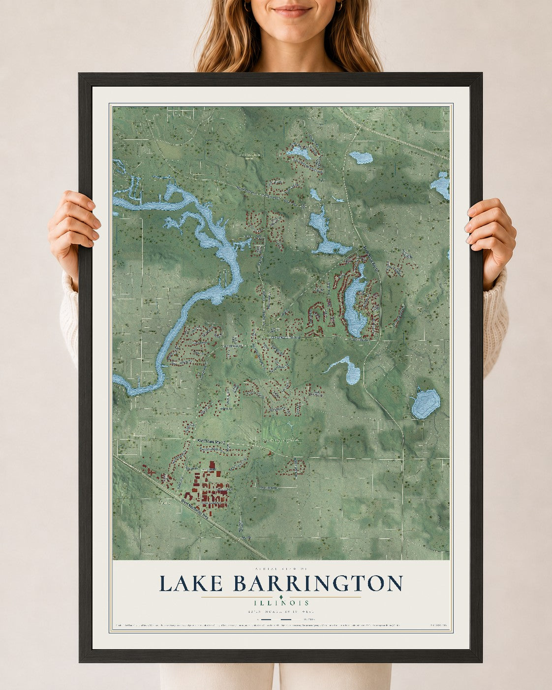 Map of Lake Barrington, Illinois, 24 x 36 inch print in a black wood frame