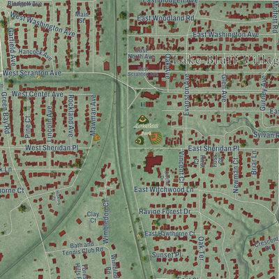 Close-up of the map of Lake Bluff, Illinois print showing street and building detail