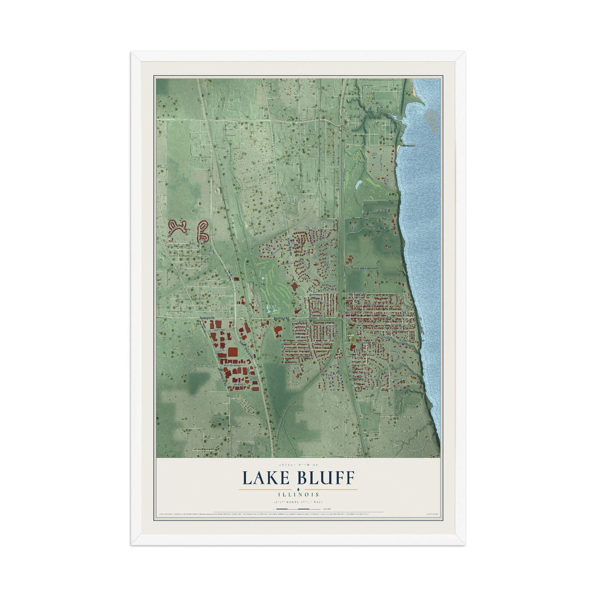 Map of Lake Bluff, Illinois, 12 x 18 inch print in a white wood frame