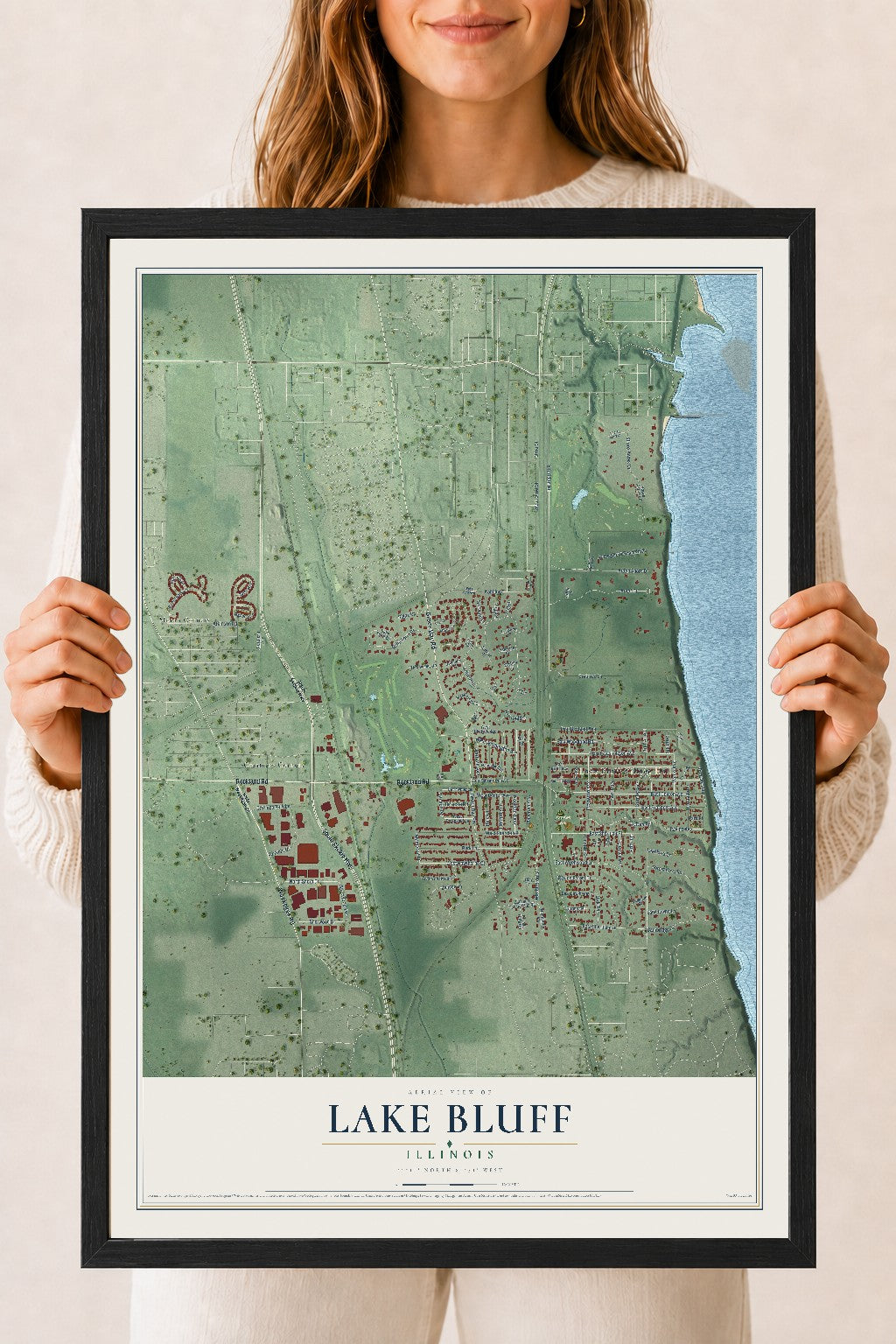 Map of Lake Bluff, Illinois, 18 x 24 inch print in a black wood frame