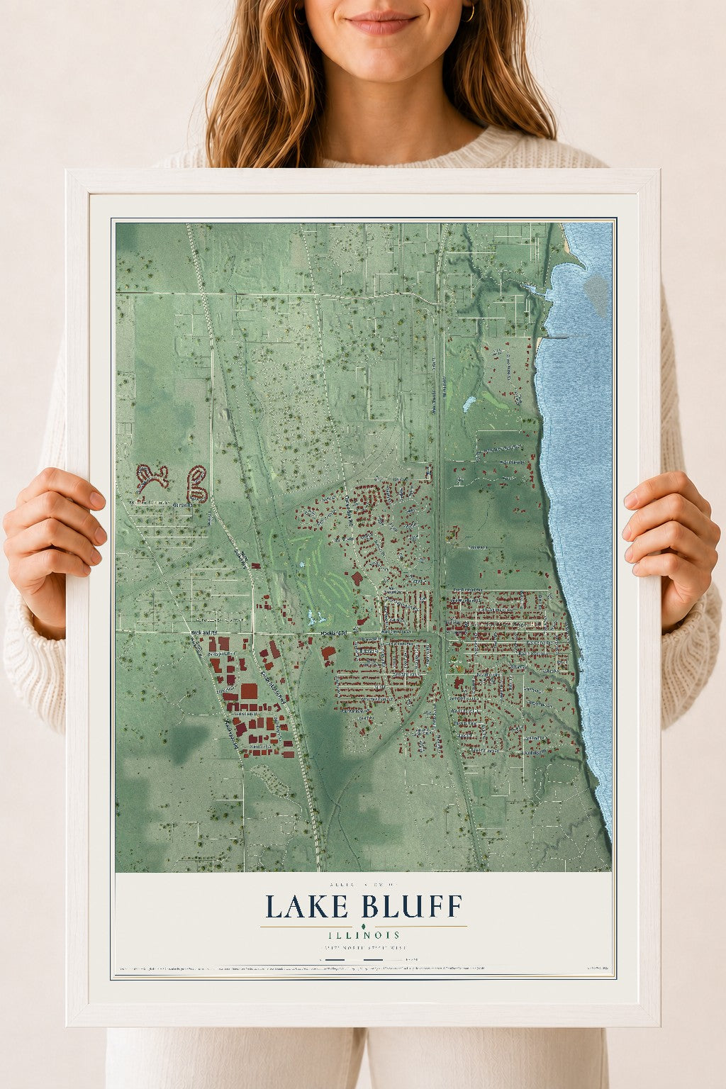 Map of Lake Bluff, Illinois, 18 x 24 inch print in a white wood frame