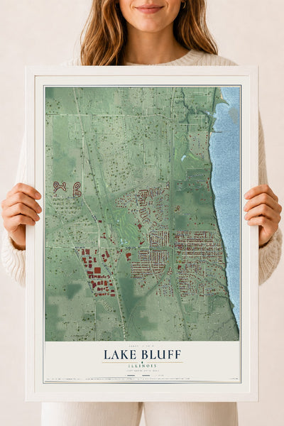 Map of Lake Bluff, Illinois, 18 x 24 inch print in a white wood frame