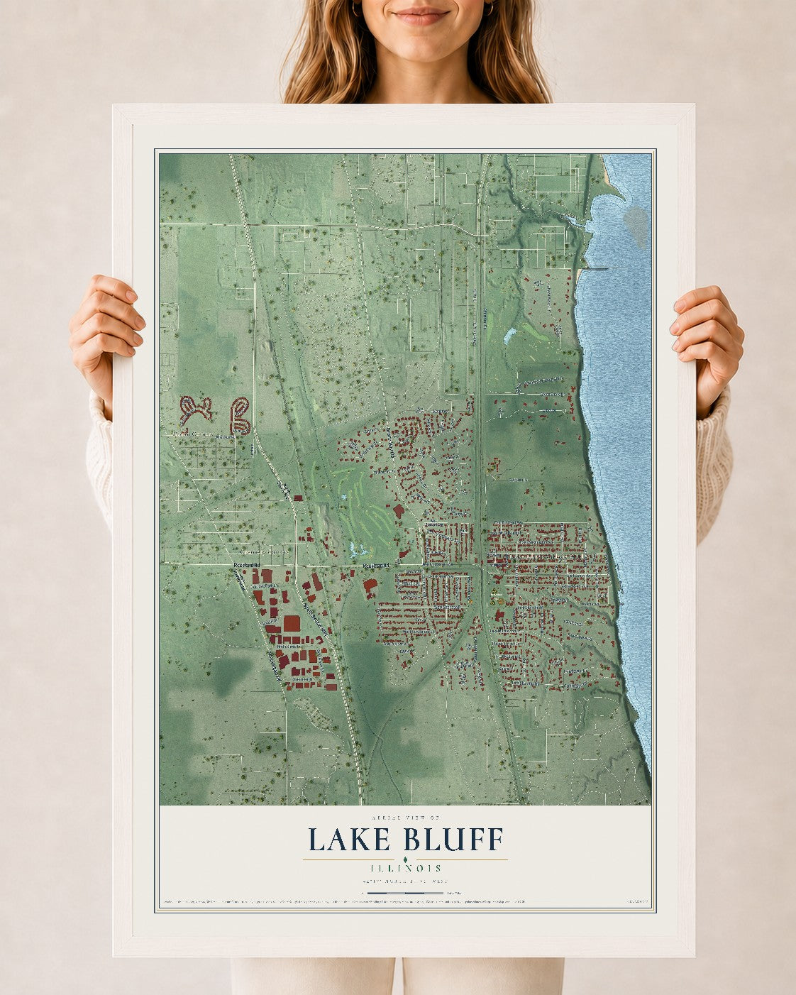 Map of Lake Bluff, Illinois, 24 x 36 inch print in a white wood frame