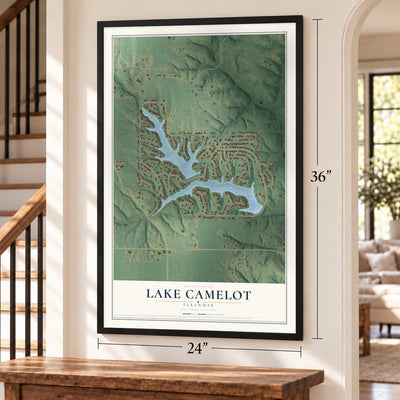 Lake Camelot, Illinois map, 24 x 36 inch print in a black frame by a staircase
