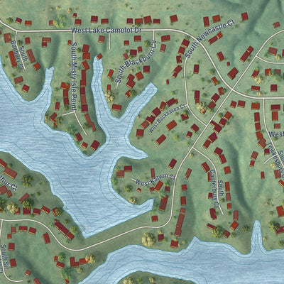 Close-up of the map of Lake Camelot, Illinois print showing street and building detail
