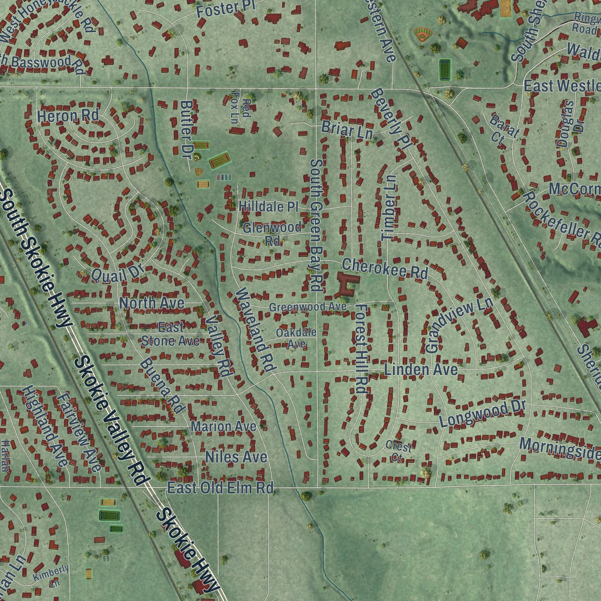 Second close-up of the map of Lake Forest, Illinois print showing more streets and buildings
