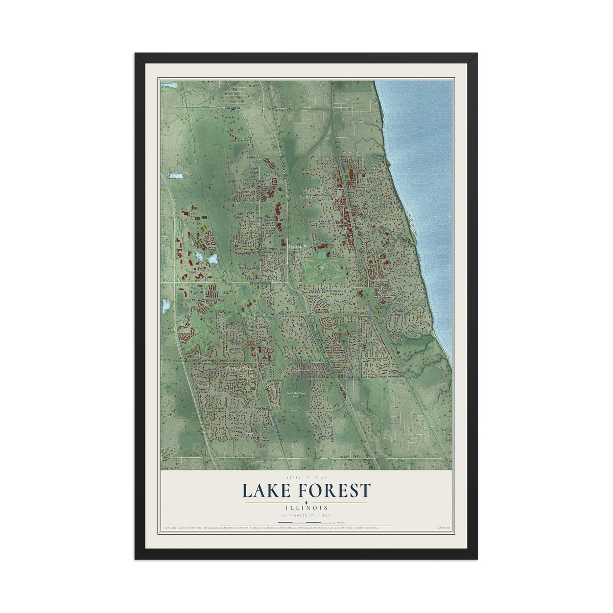 Map of Lake Forest, Illinois, 12 x 18 inch print in a black wood frame