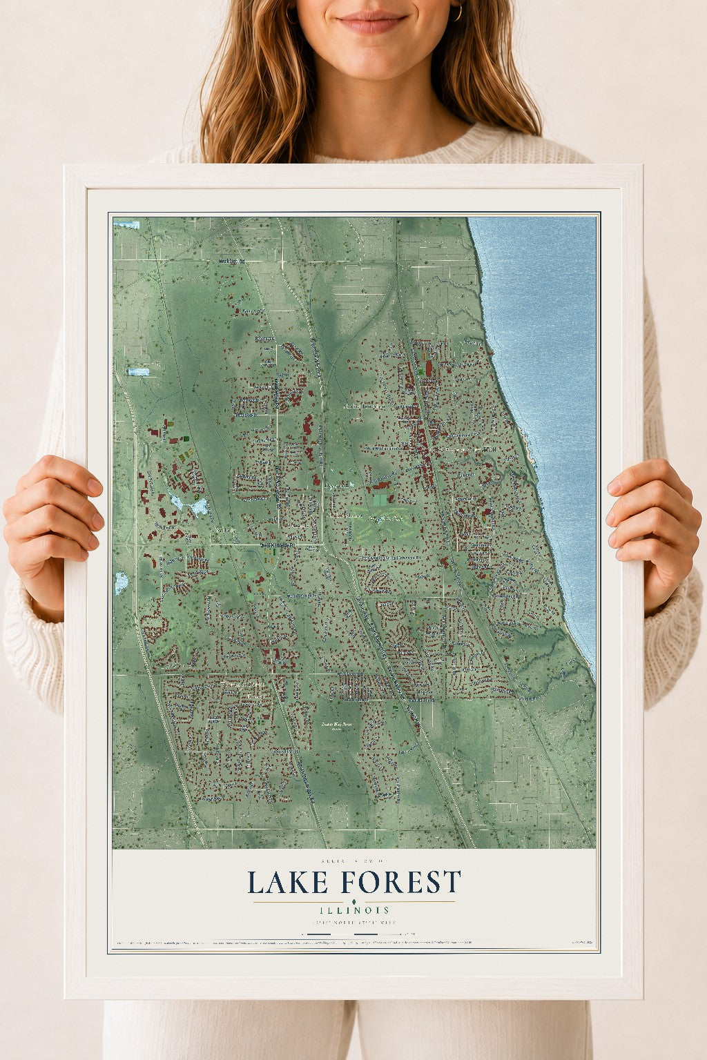 Map of Lake Forest, Illinois, 18 x 24 inch print in a white wood frame