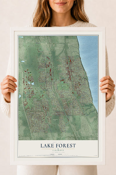 Map of Lake Forest, Illinois, 18 x 24 inch print in a white wood frame