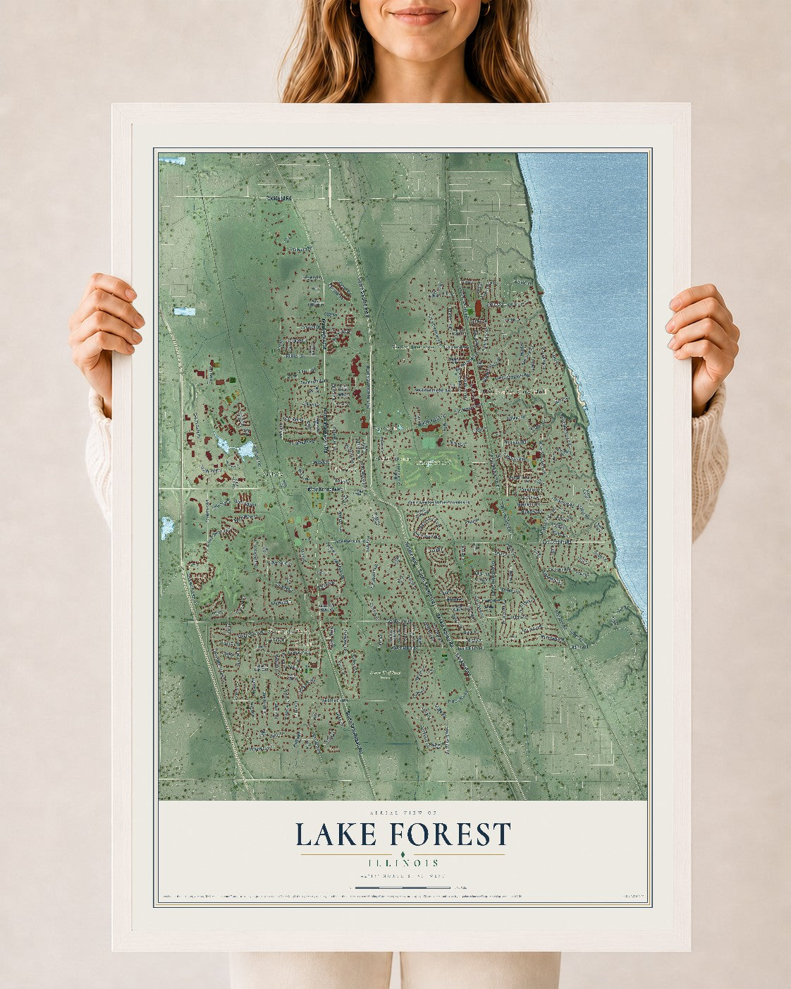 Map of Lake Forest, Illinois, 24 x 36 inch print in a white wood frame