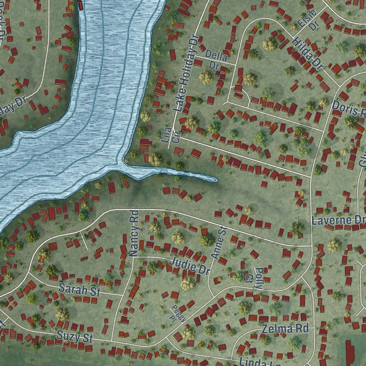 Close-up of the map of Lake Holiday, Illinois print showing street and building detail
